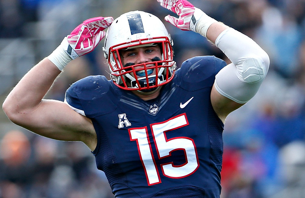 Oct 17, 2015; East Hartford, CT, USA; Connecticut Huskies linebacker Luke Carrezola (15) reacts to a play against the South Florida Bulls in the first half at Rentschler Field. Mandatory Credit: David Butler II-USA TODAY Sports